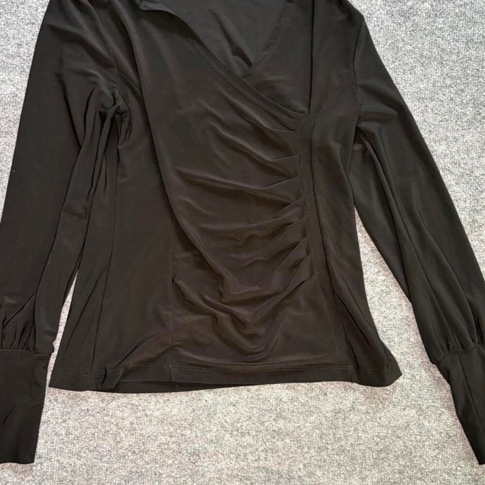 Minimalist 90s Black long sleeve faux wrap top with ruched detail